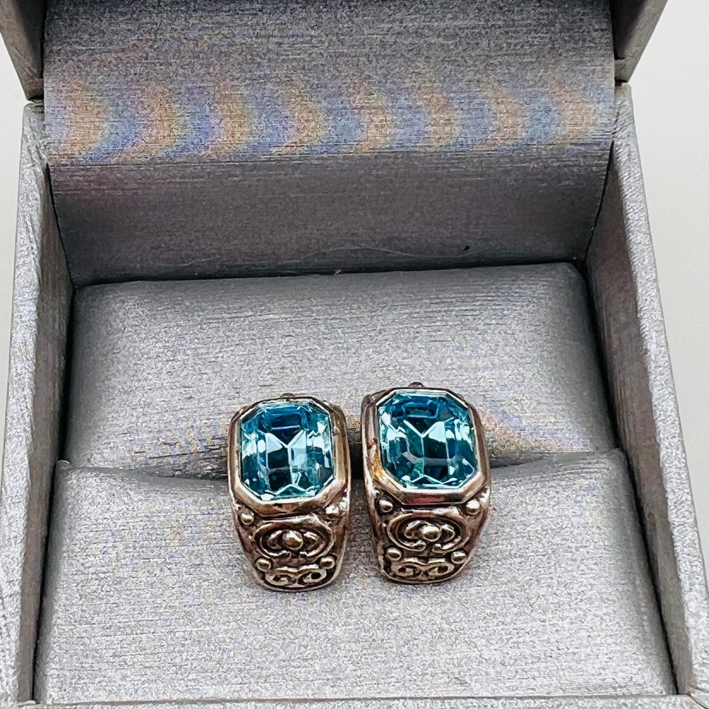 Silver Tone Hoop Earrings Blue Crystal Scroll Filigree Vintage Pierced Statement